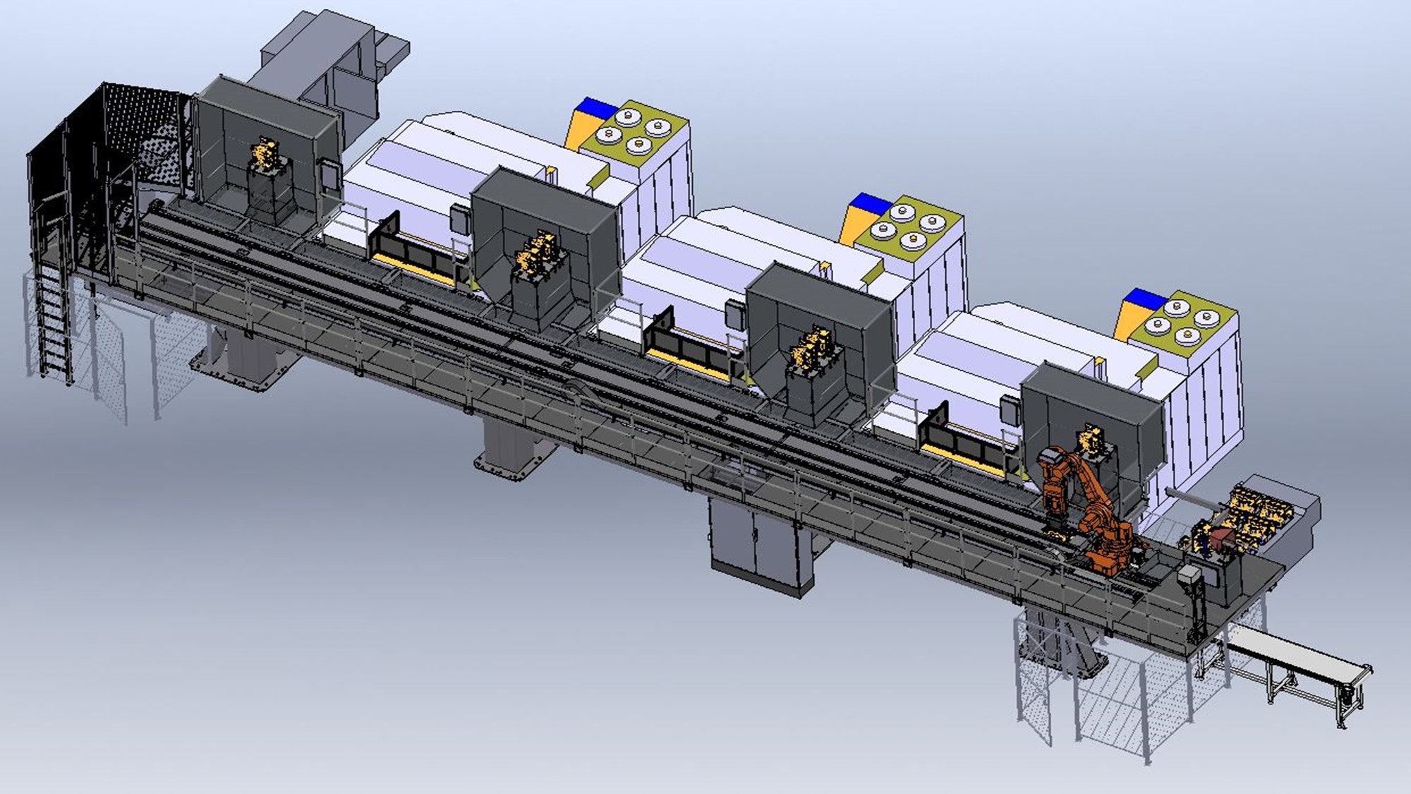 Automated cell to load/unload machining stations for engine block